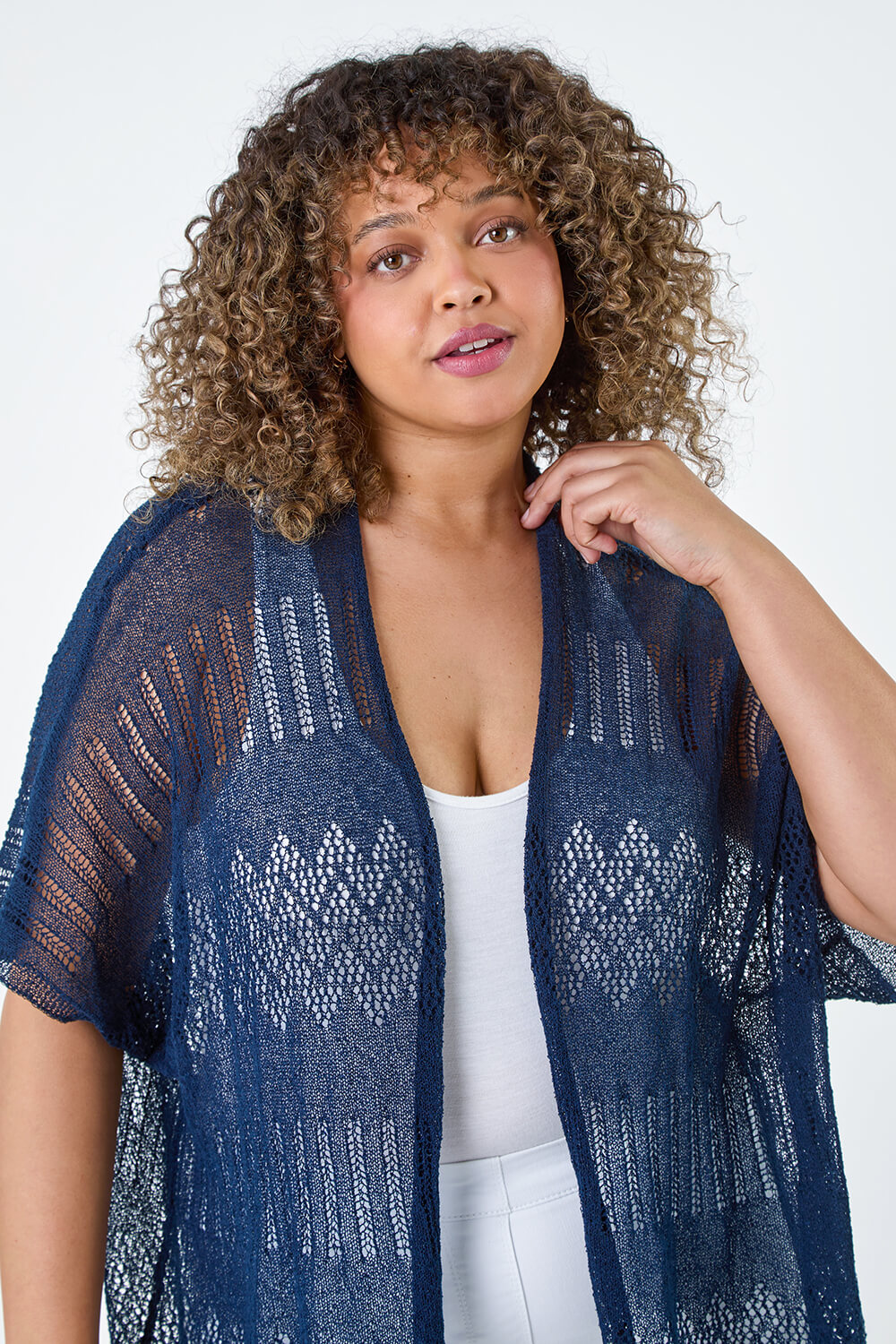Navy  Curve Pointelle Knit Stretch Cardigan, Image 4 of 5