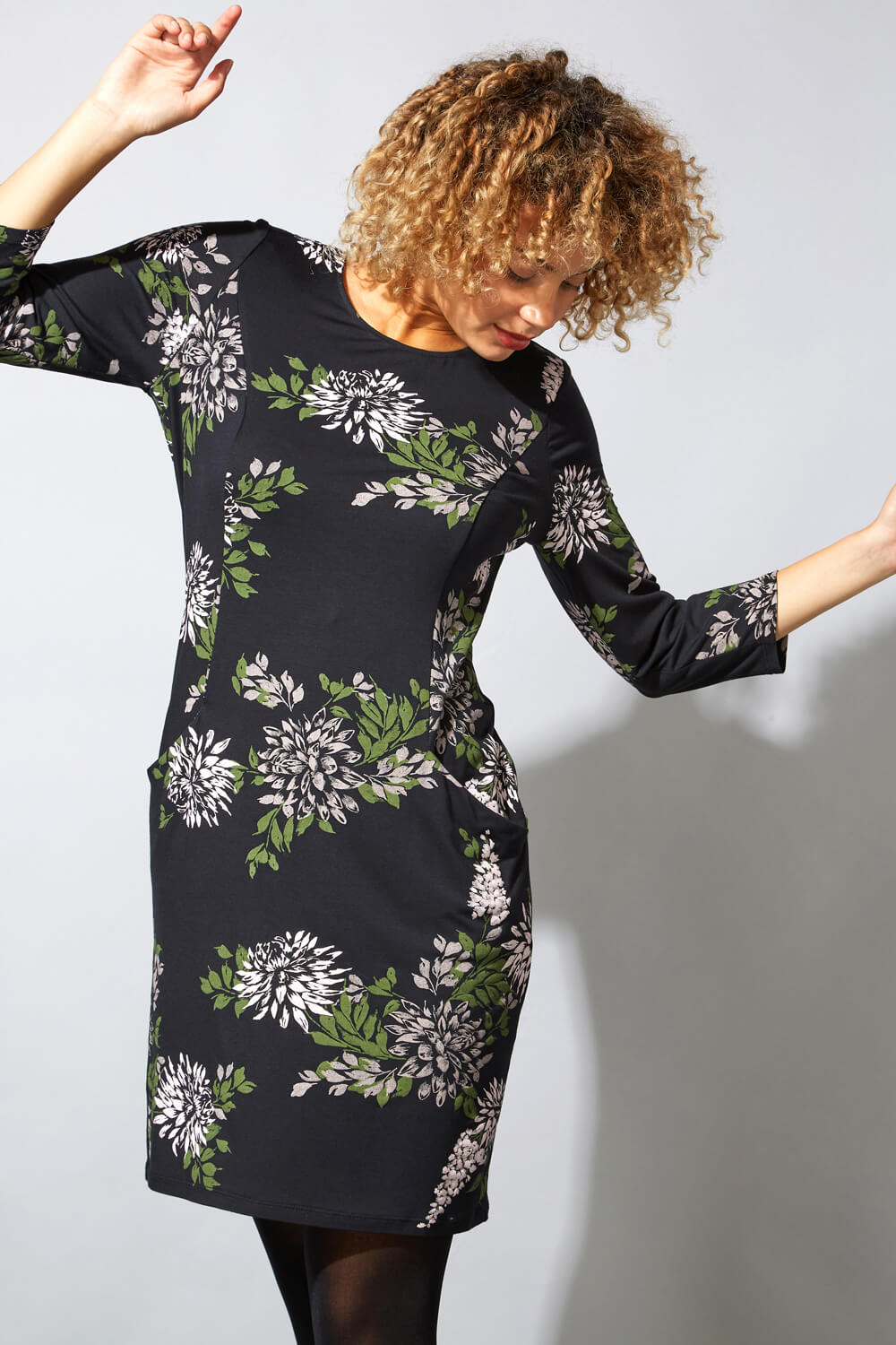 Black Floral Print Jersey Pocket Dress, Image 4 of 5