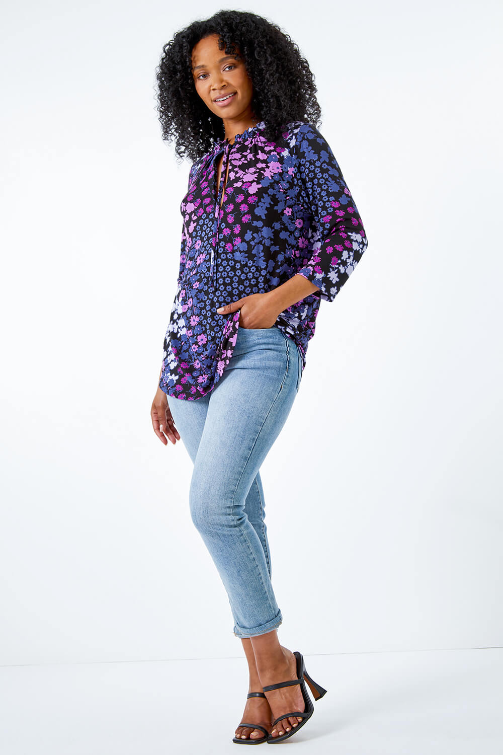 Lilac Petite Floral Print Frill Neck Top, Image 2 of 5
