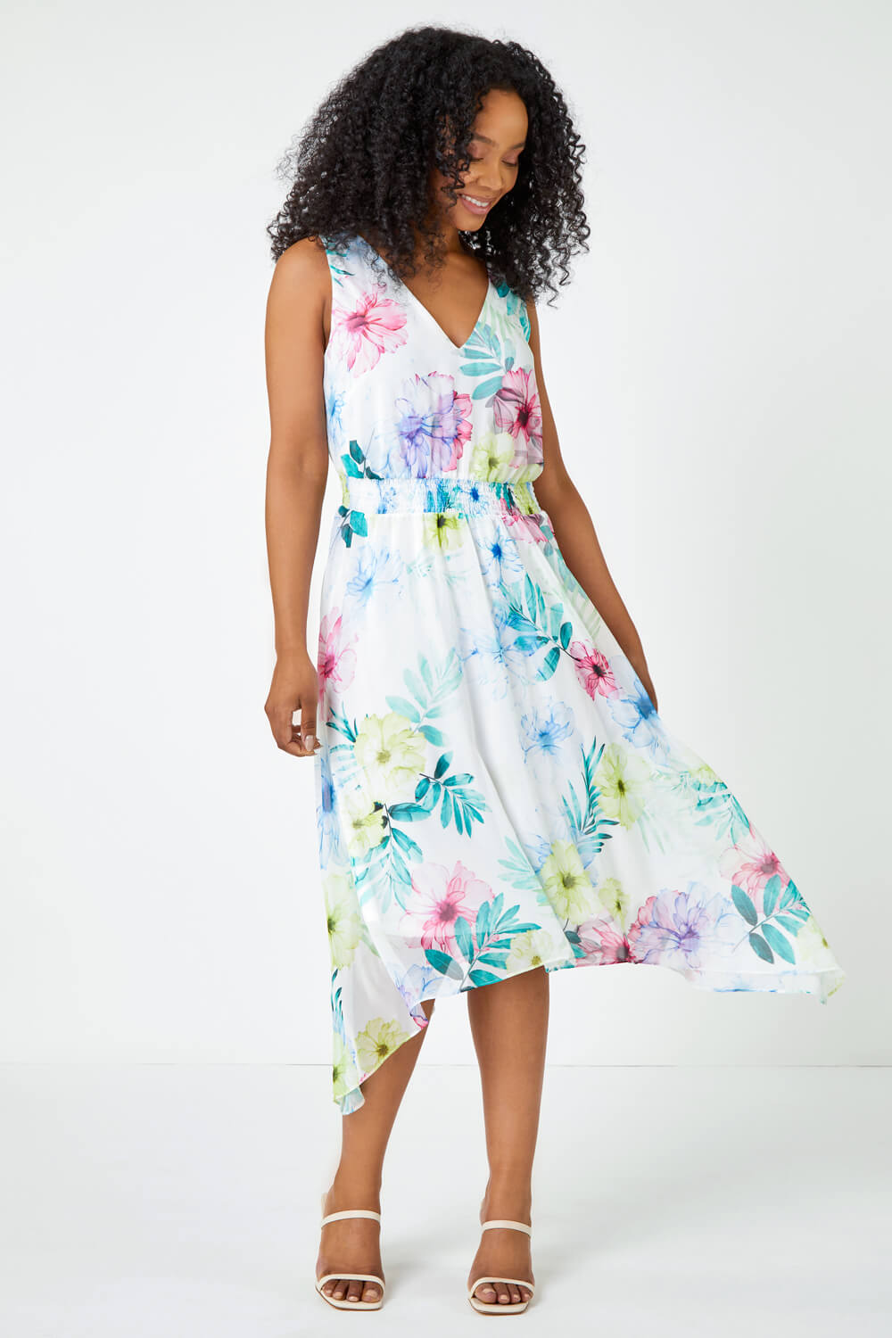 White Petite Floral Print Shirred Dress, Image 2 of 5