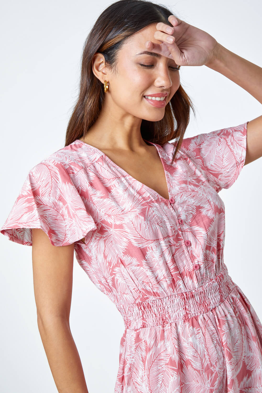 CORAL Palm Print Tiered Midi Dress, Image 4 of 5