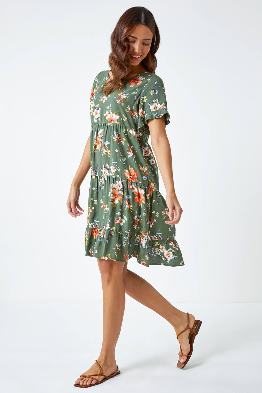 Floral Frill Sleeve Tiered Smock Dress