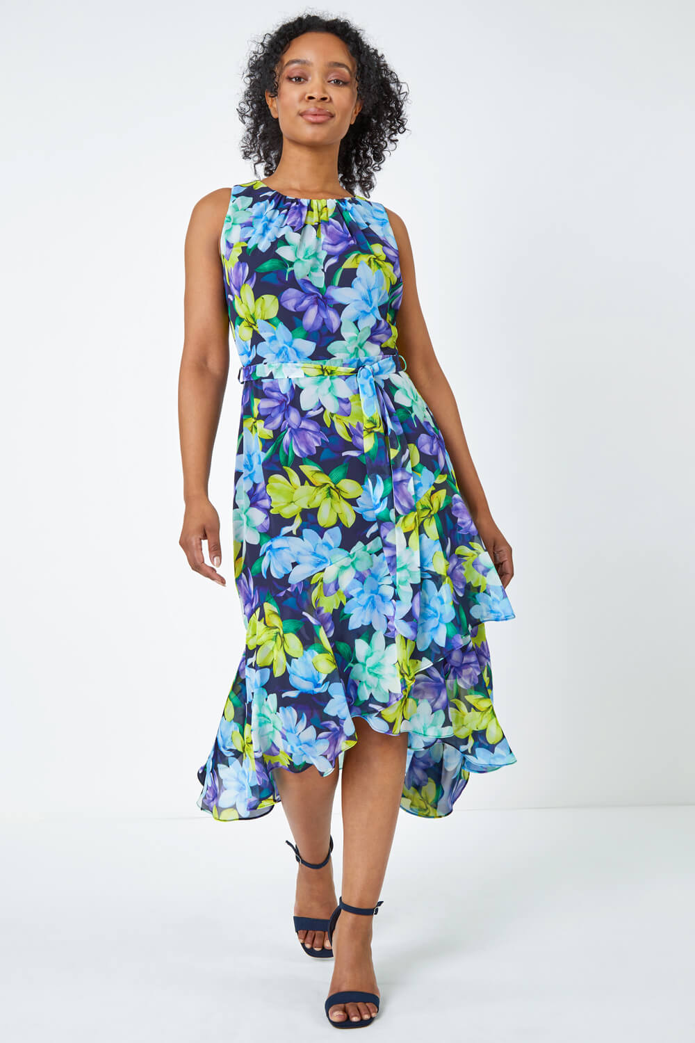 Turquoise Petite Sleeveless Frill Hem Midi Dress, Image 4 of 5