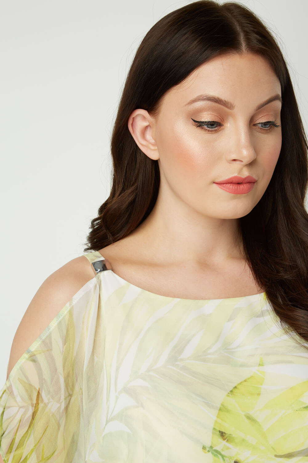 Yellow Cold Shoulder Tropical Print Top, Image 3 of 8