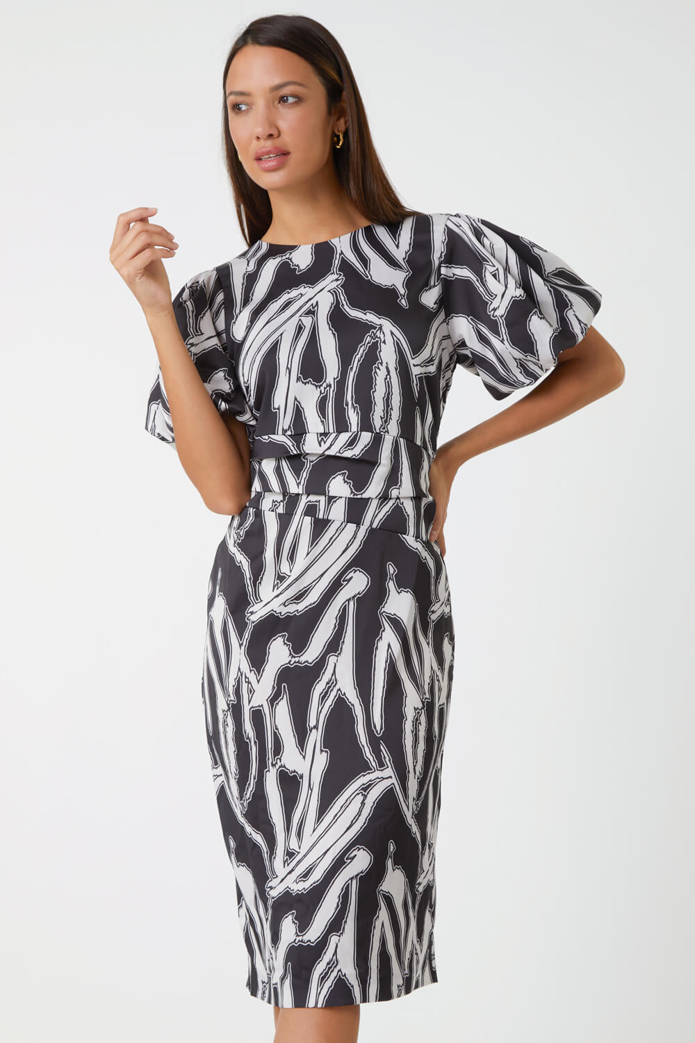 Black Abstract Print Ruched Stretch Dress , Image 1 of 5
