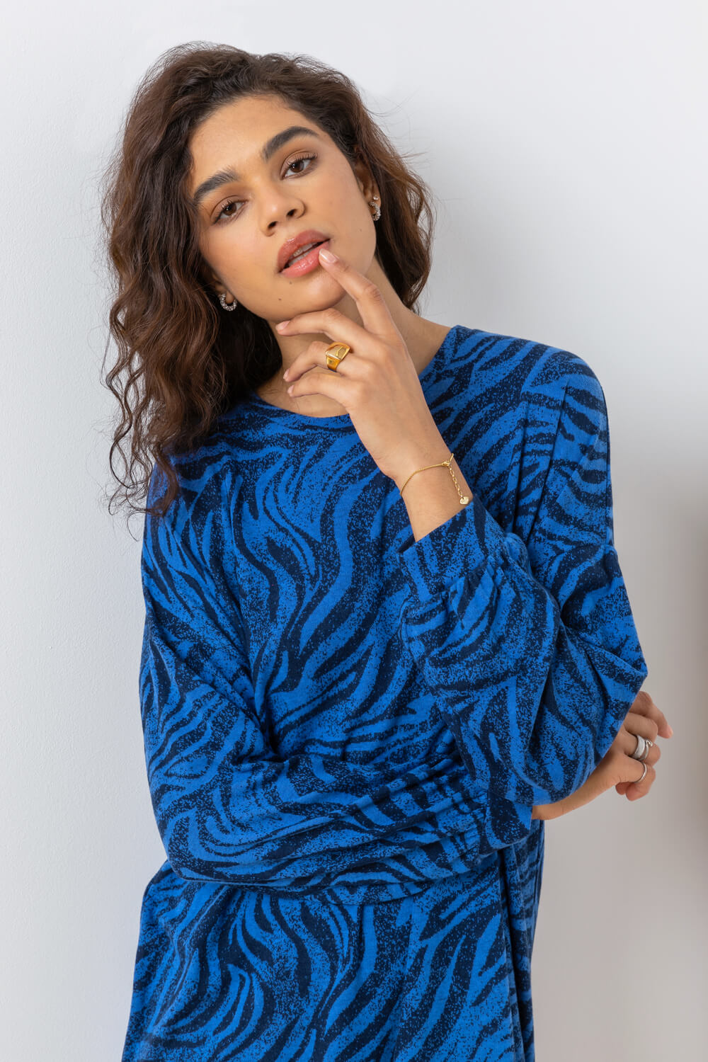 Royal Blue Animal Print Jacquard Sweater Dress, Image 4 of 5