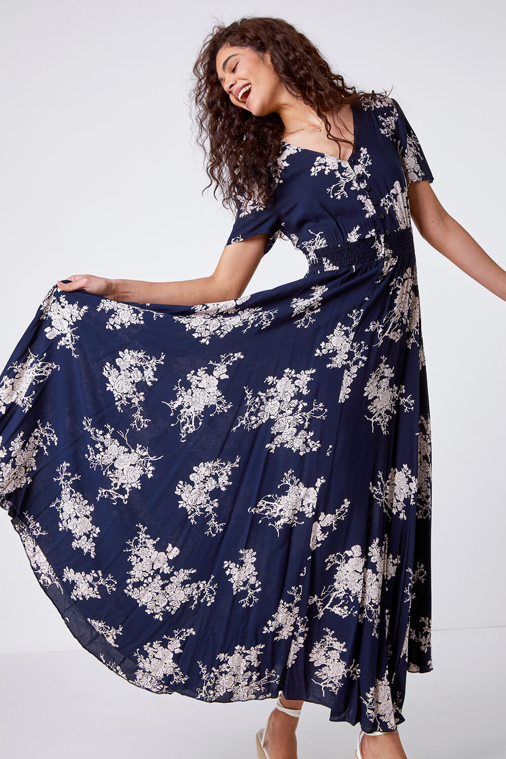 Navy  Floral Print Shirred Waist Maxi Dress, Image 2 of 5