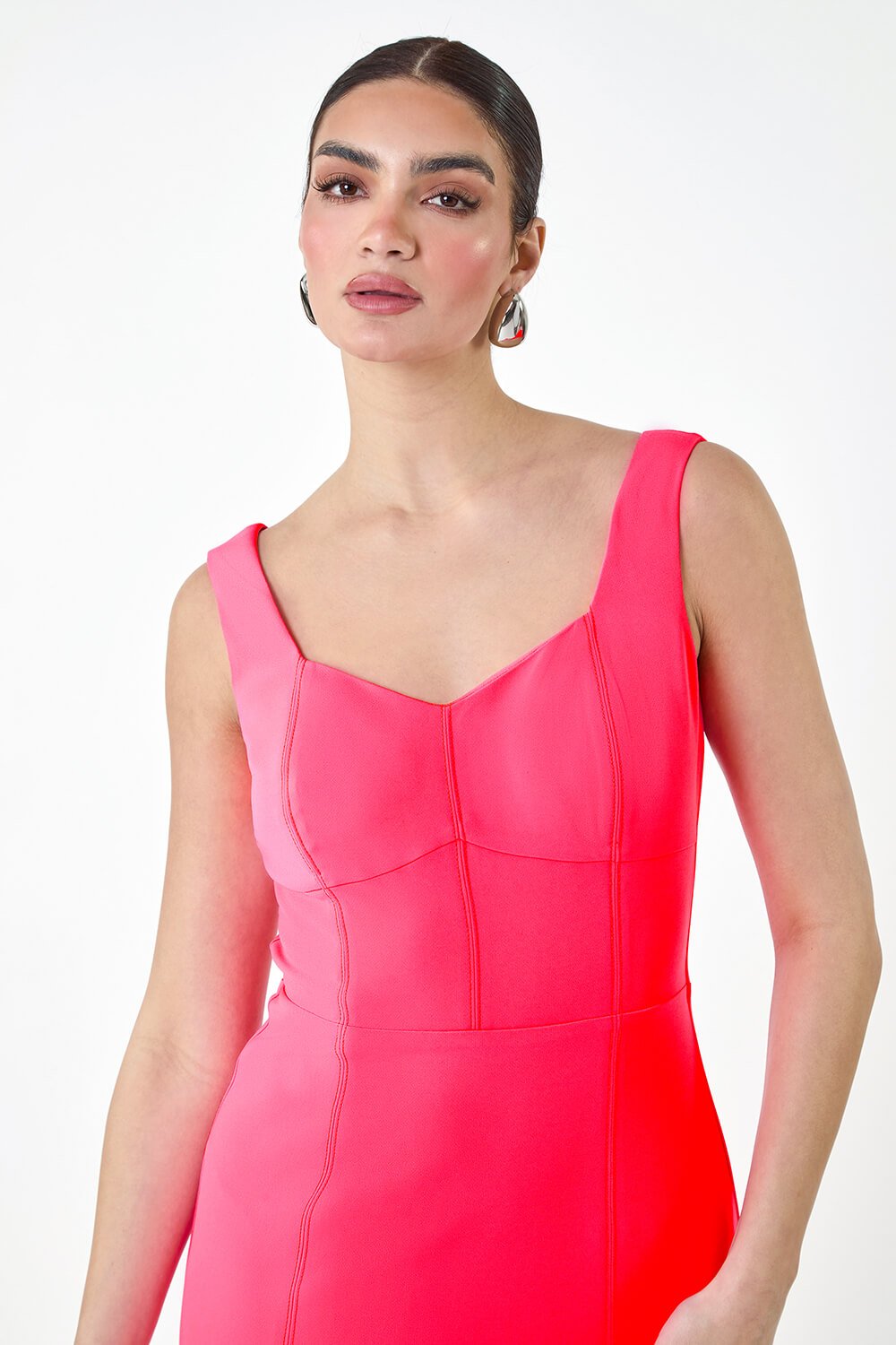Bright Pink Plain Corset Detail Stretch Dress, Image 4 of 5