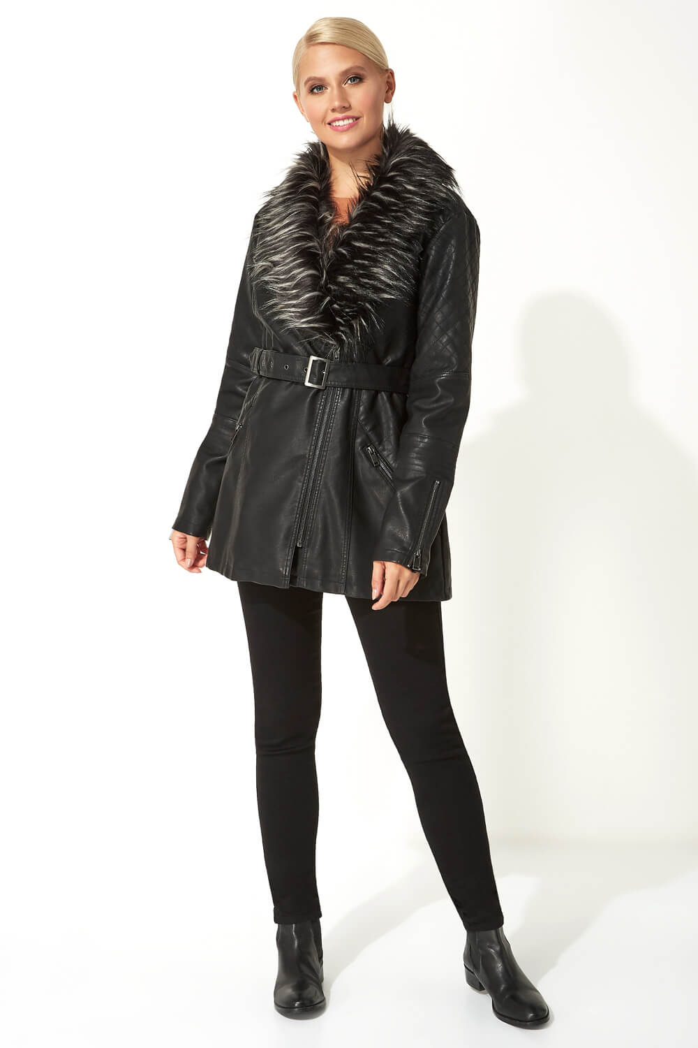 Black Longline Faux Leather Coat, Image 2 of 5