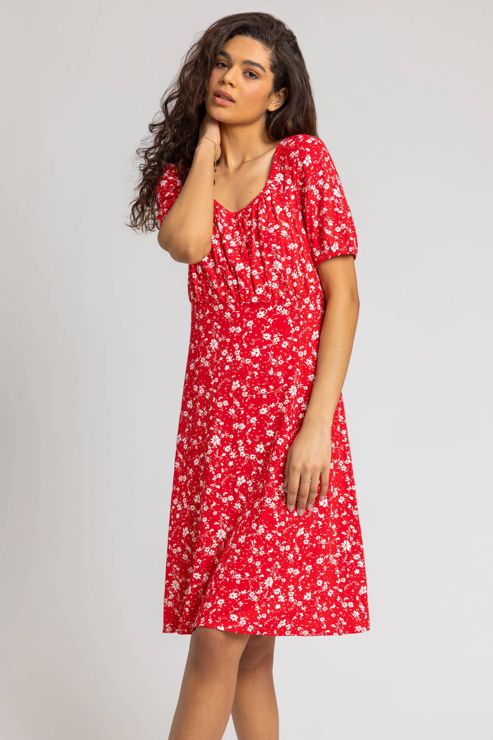 Red Stretch Floral Print Fit & Flare Dress, Image 5 of 5