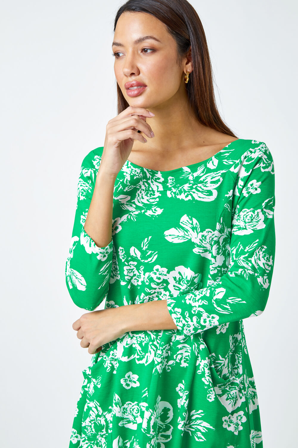 Green Floral Print Swing Stretch Top, Image 4 of 5