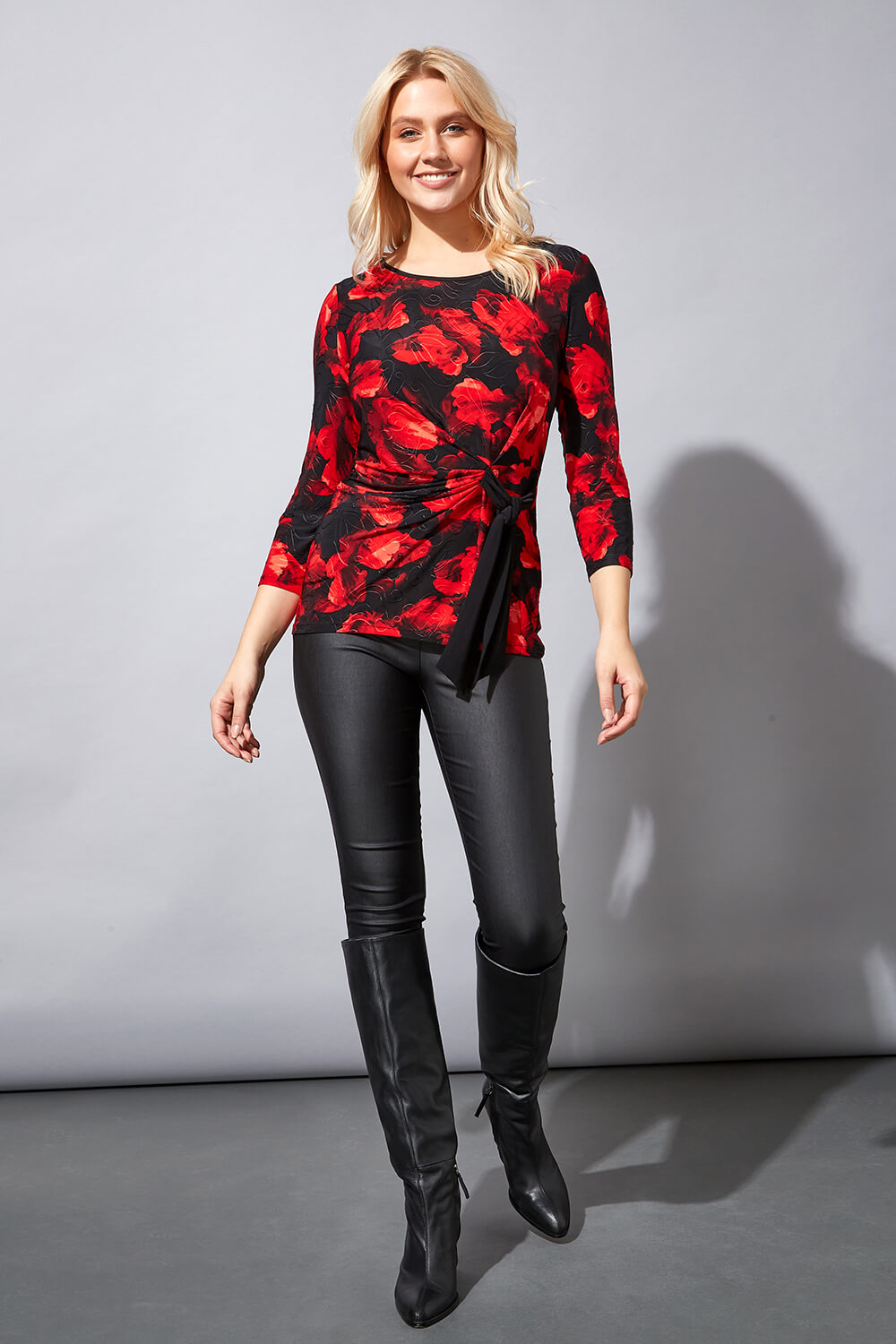 Red Jacquard Floral Side Tie Top, Image 2 of 6