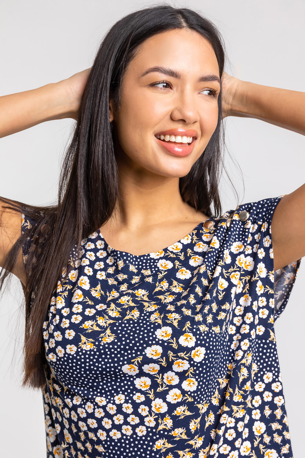 Navy  Floral Tile Print Button Detail Top, Image 4 of 4