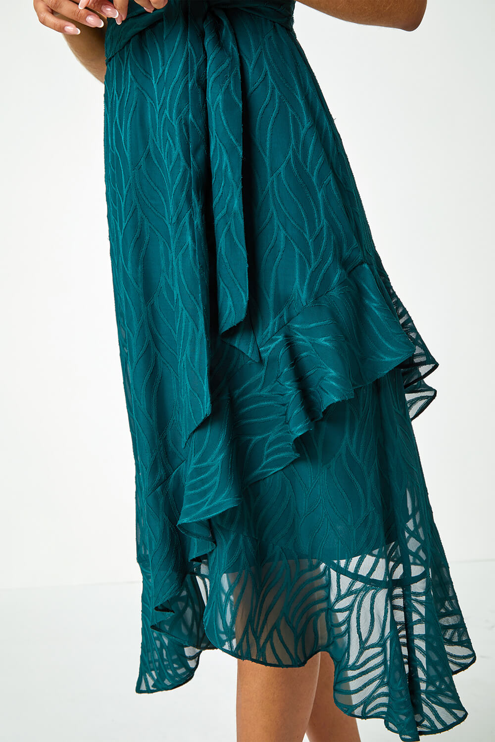 Dark Green Textured Chiffon Halterneck Midi Dress, Image 5 of 5