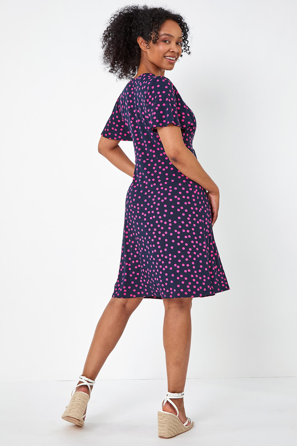 Navy Petite Polka Dot Stretch Tea Dress Roman UK