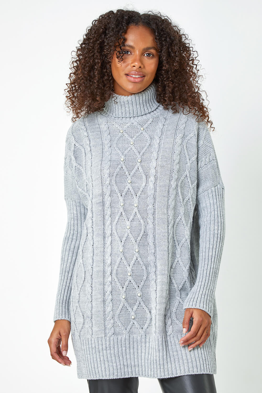 Grey Pearl Embellished Cable Knit Longline Jumper, Image 1 of 5