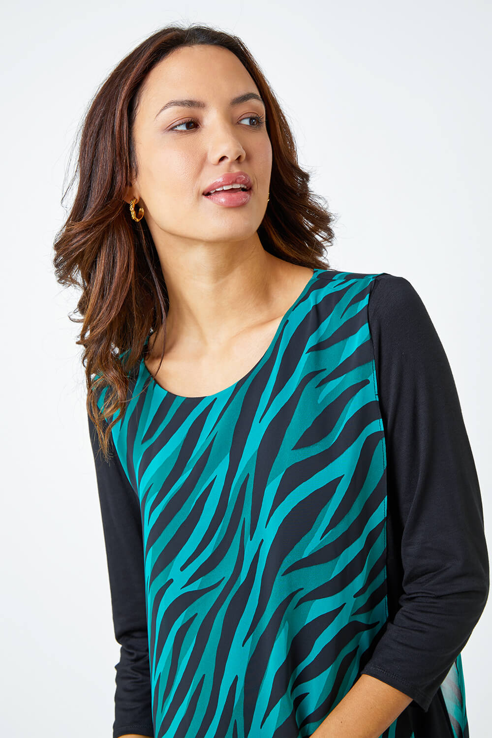 Green Abstract Print Overlay Tunic Top , Image 4 of 5
