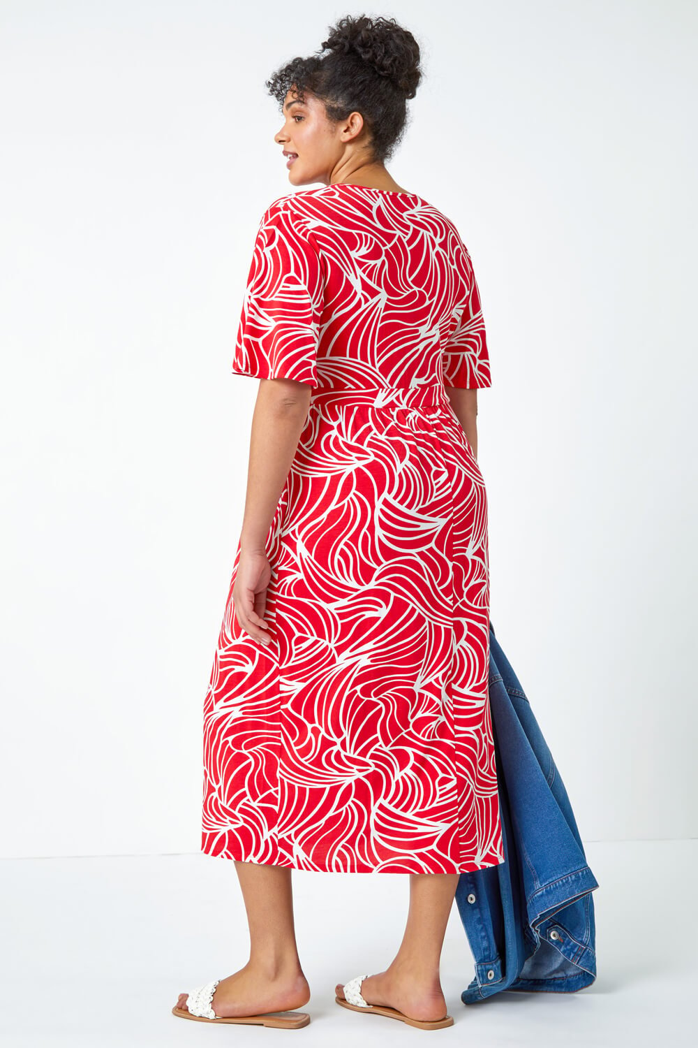 Red Curve Linear Print Midi Wrap Dress, Image 3 of 5