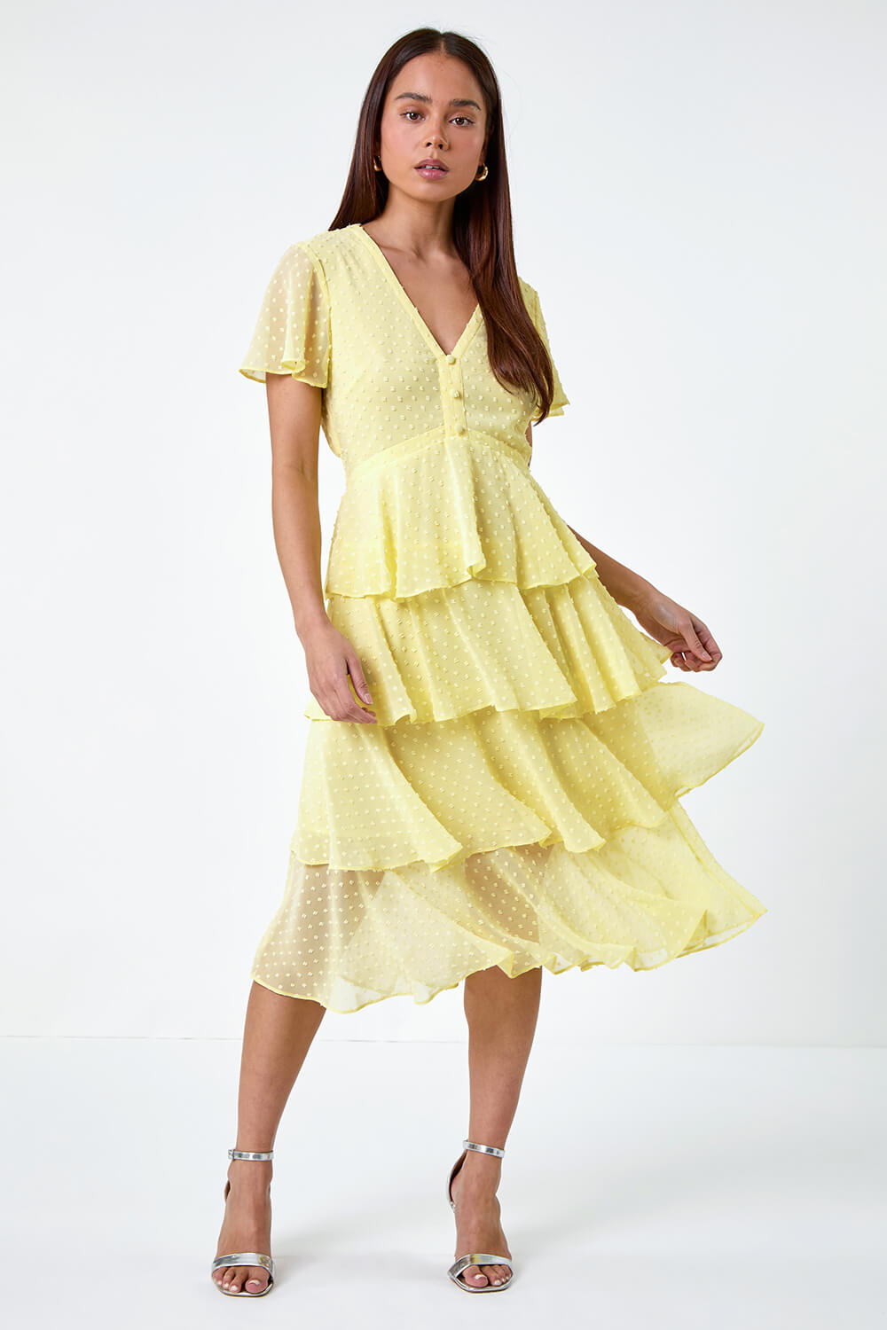 Lemon  Petite Textured Spot Tiered Midi Dress, Image 2 of 5