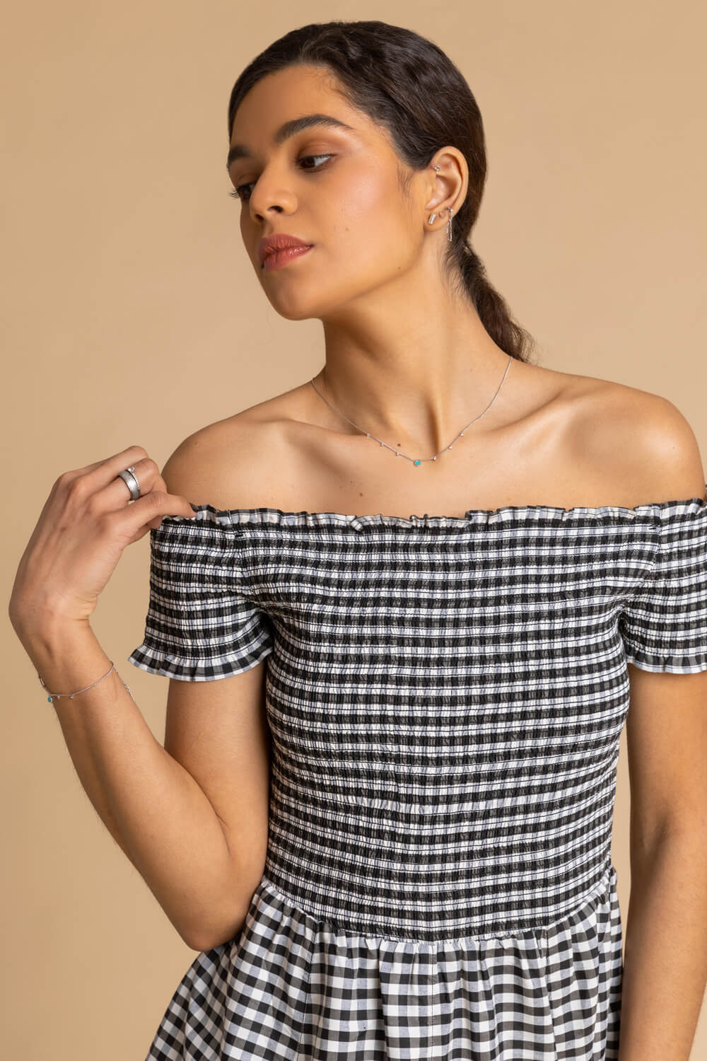 Black Gingham Bardot Fit and Flare Dress, Image 4 of 5