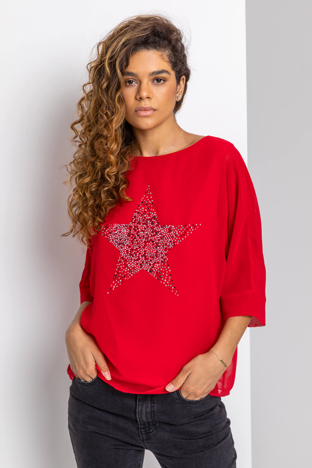 Red Star Embellished Chiffon Top, Image 5 of 5