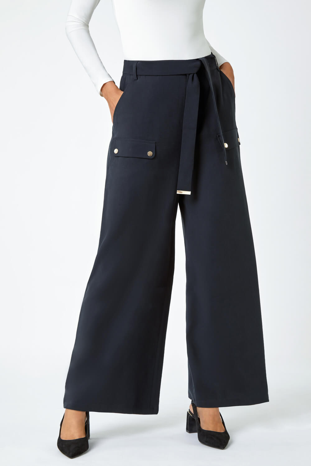 Black Wide Leg Belted Stretch Trousers, Image 5 of 5