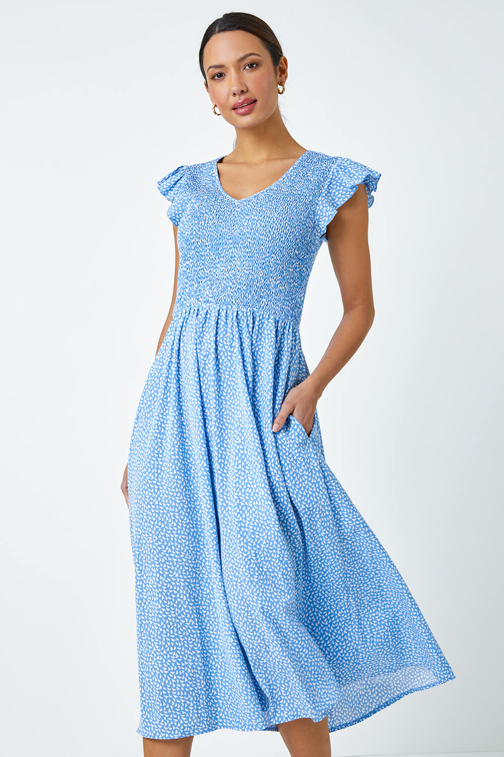 Light Blue  Ditsy Print Shirred Midi Dress, Image 2 of 7