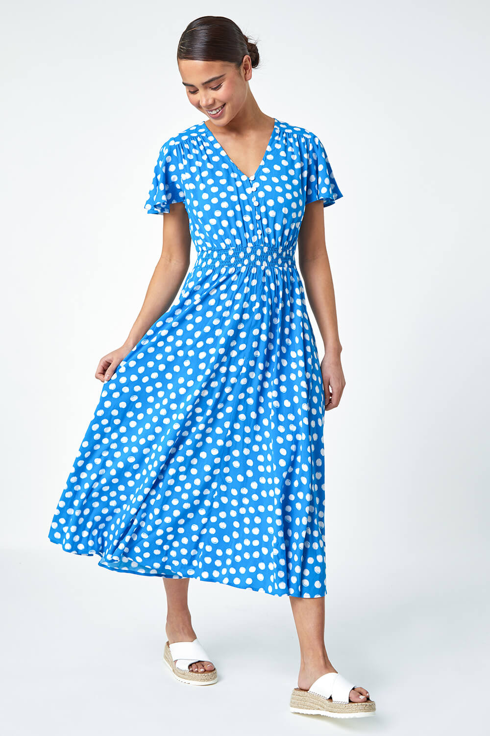 Light Blue Petite Polka Dot Midi Dress | Roman UK
