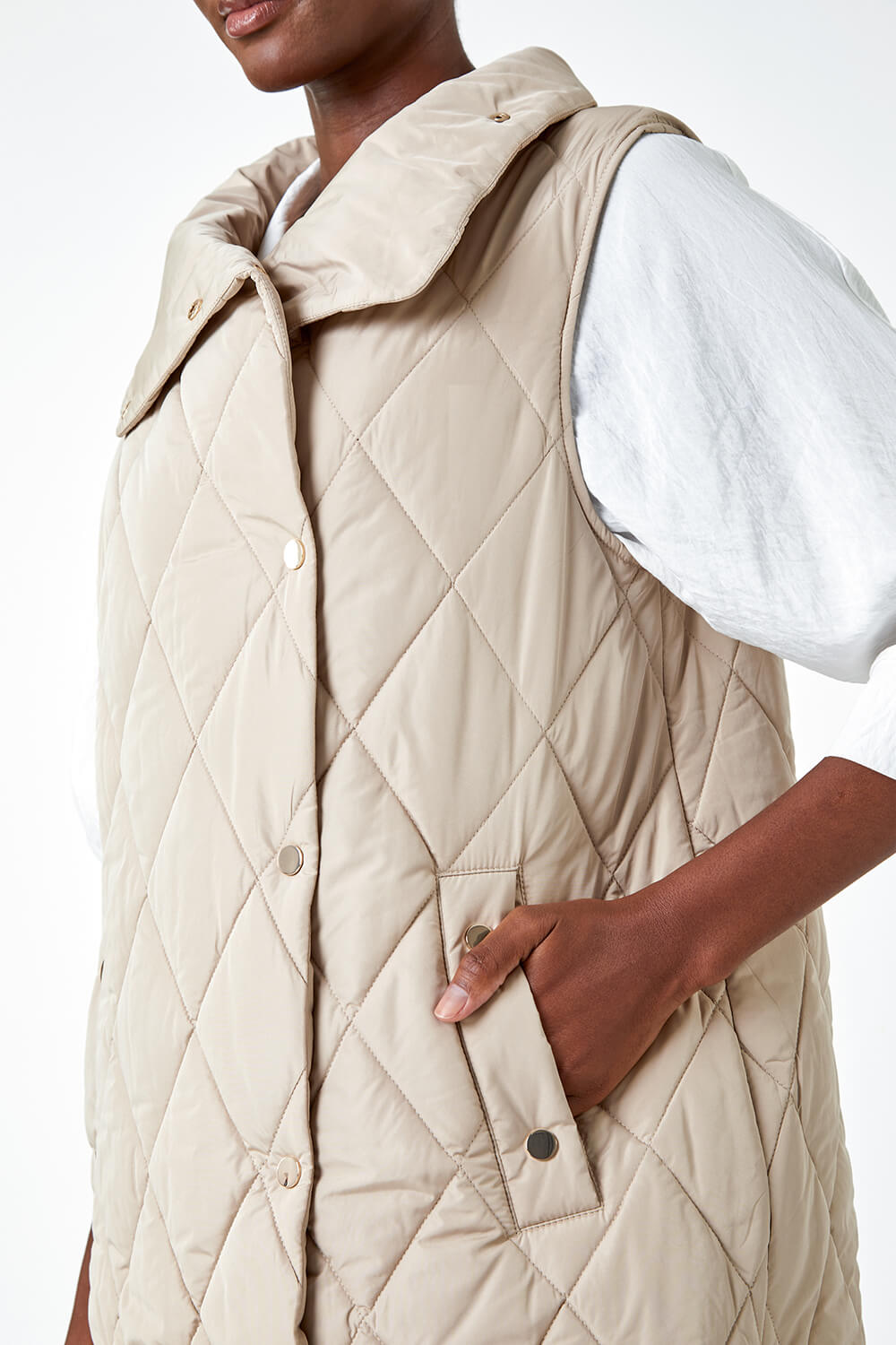 Natural  Quilted High Neck Longline Gilet, Image 1 of 5