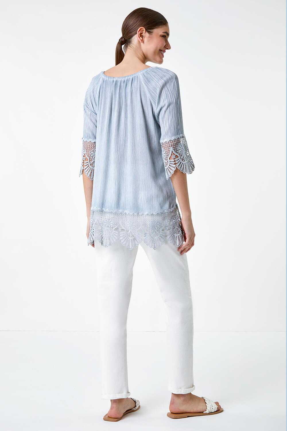 Blue Lace Trim Textured Bardot Top, Image 3 of 5