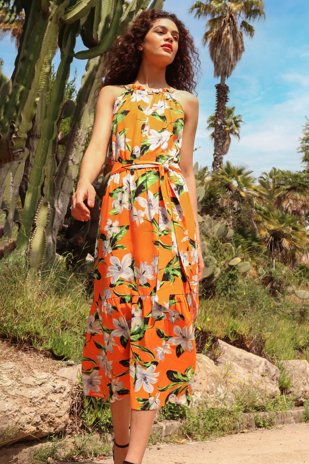 ORANGE Tropical Floral Halterneck Tiered Dress, Image 2 of 5
