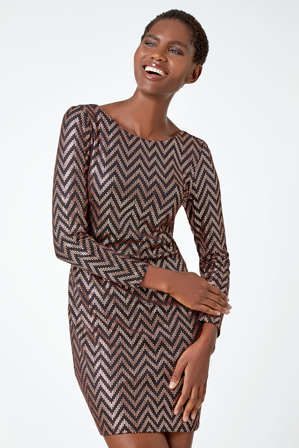 Gold Zig Zag Sequin Stretch Dress, Image 1 of 6