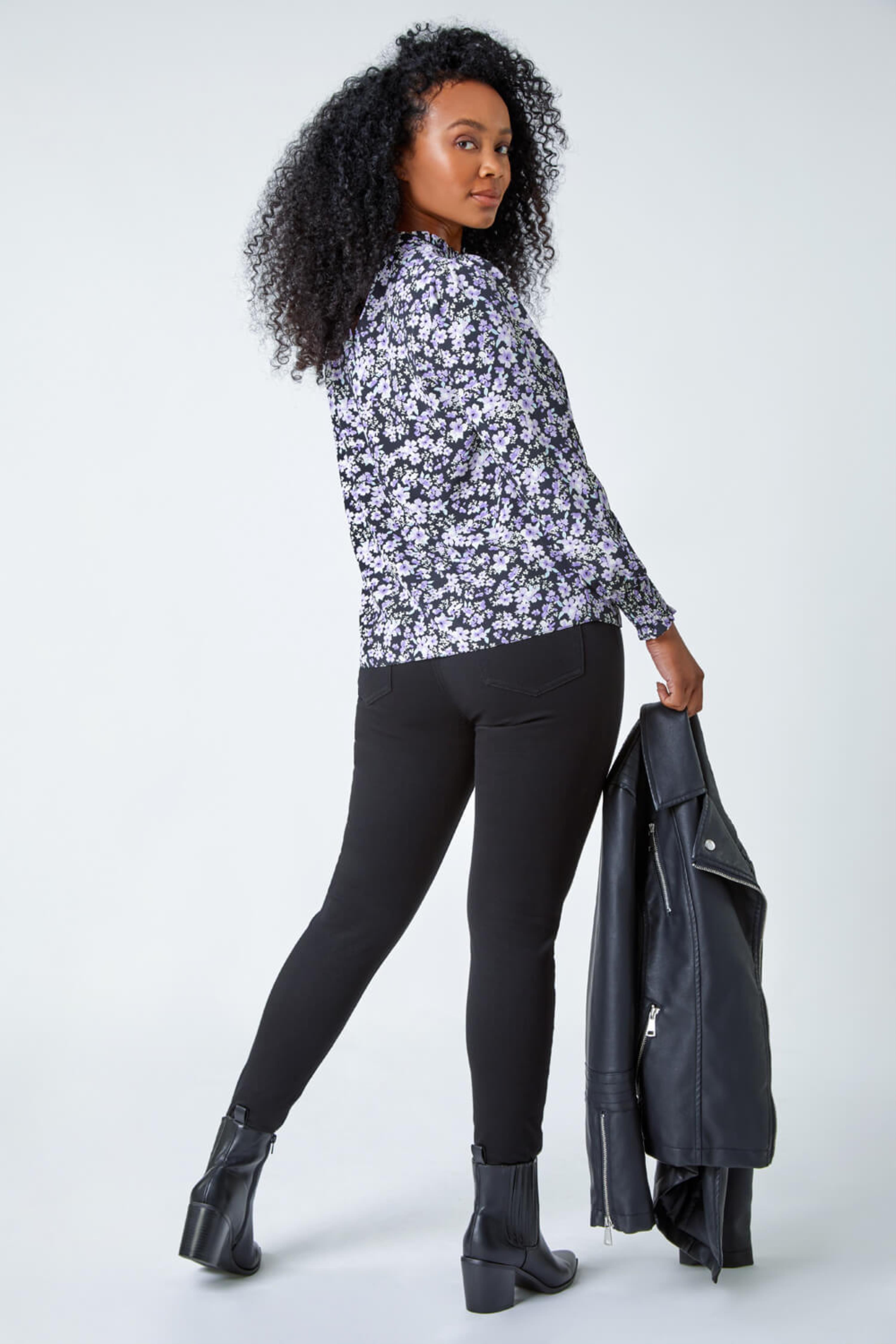 Lilac Petite Floral Print Gathered Neck Top, Image 3 of 5