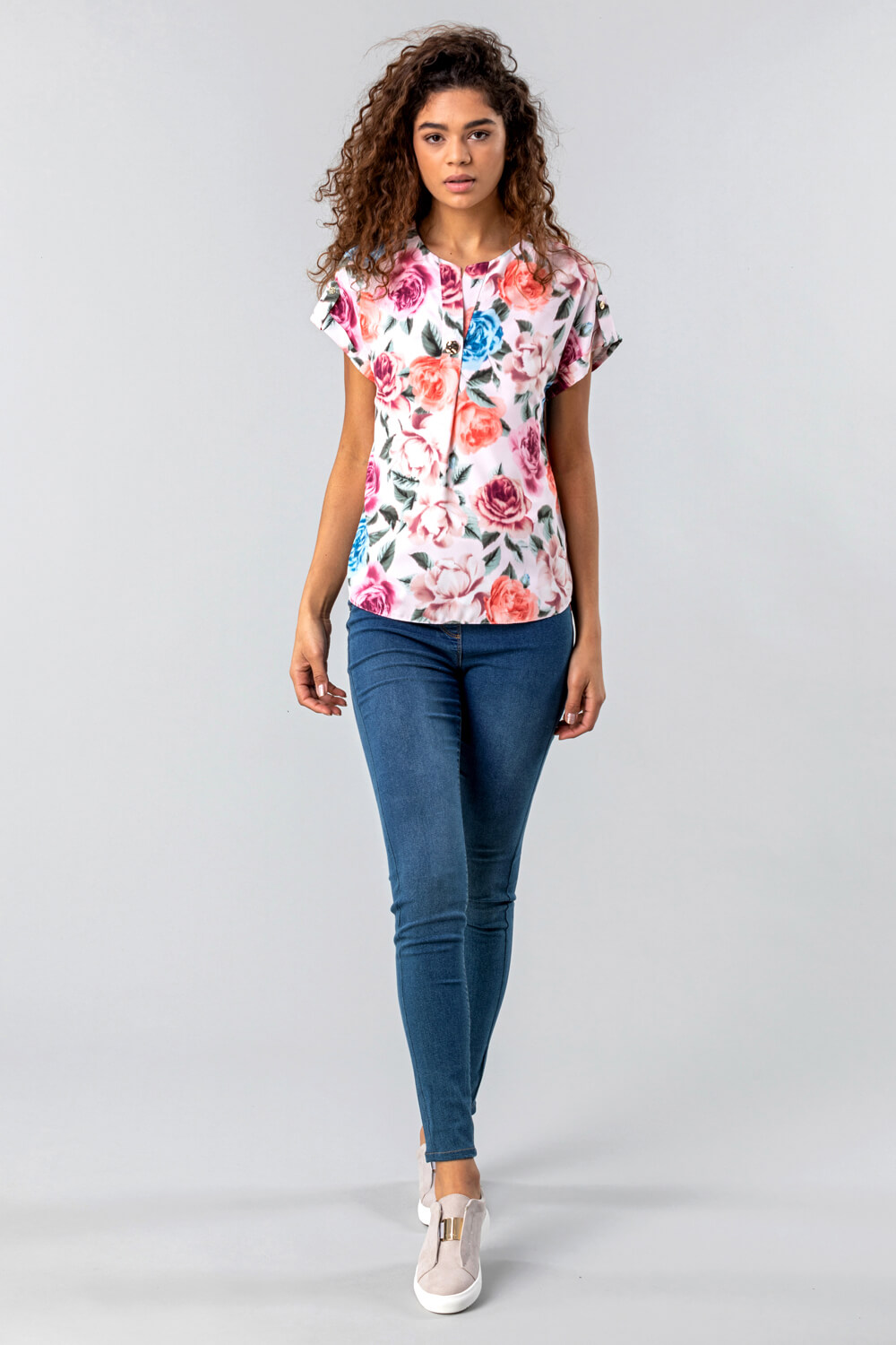 Light Pink Button Neck Floral Print Top, Image 2 of 5