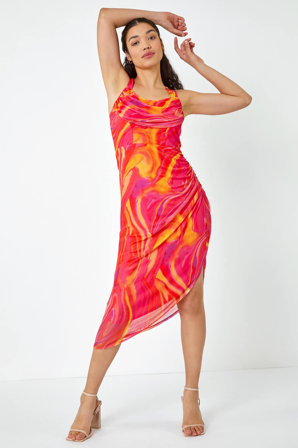 PINK Swirl Print Ruched Stretch Dress, Image 2 of 5