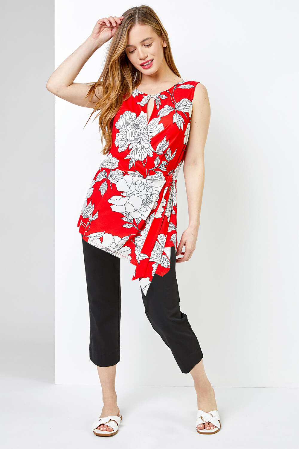 Red Petite Floral Print Asymmetric Top, Image 3 of 4