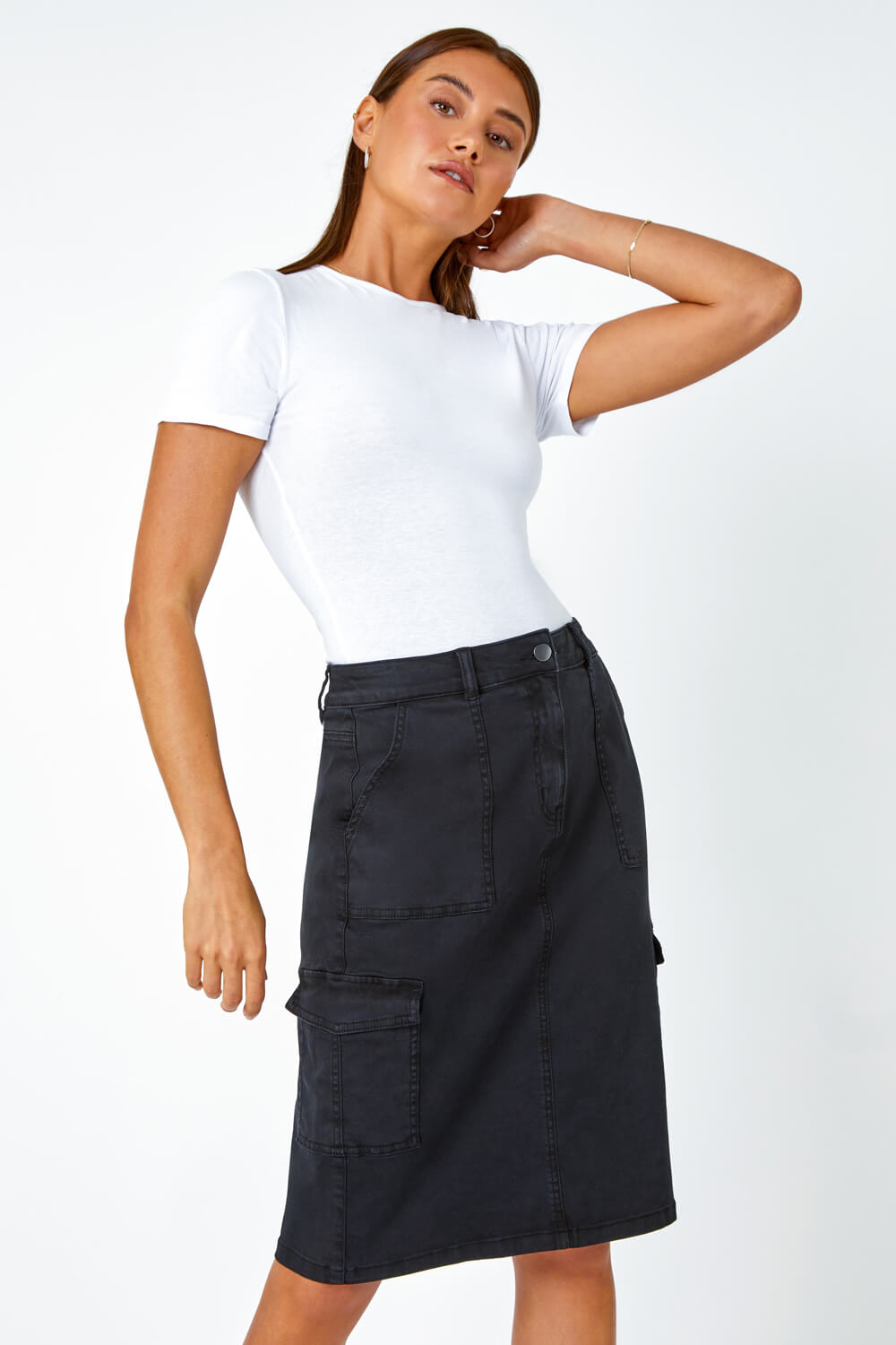 Charcoal Cotton Blend Cargo Stretch Skirt , Image 2 of 5