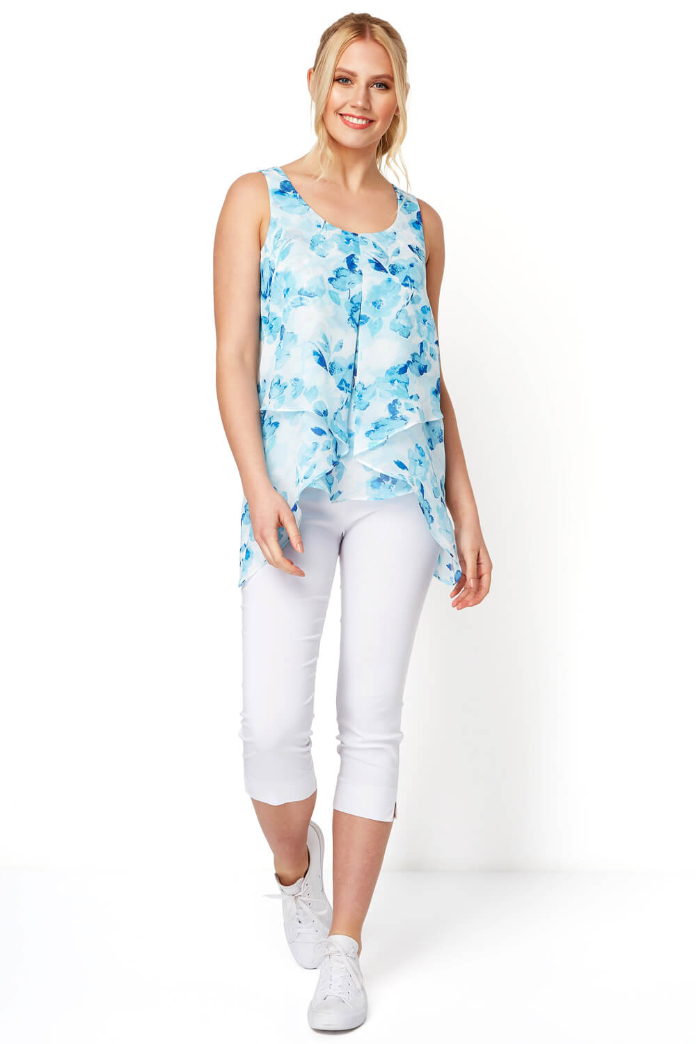 Blue Floral Print Asymmetric Chiffon Vest Top, Image 2 of 8