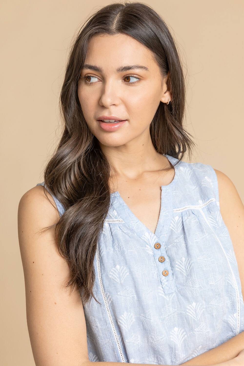 Light Blue  Sleeveless Embroidered Cotton Blouse, Image 4 of 4