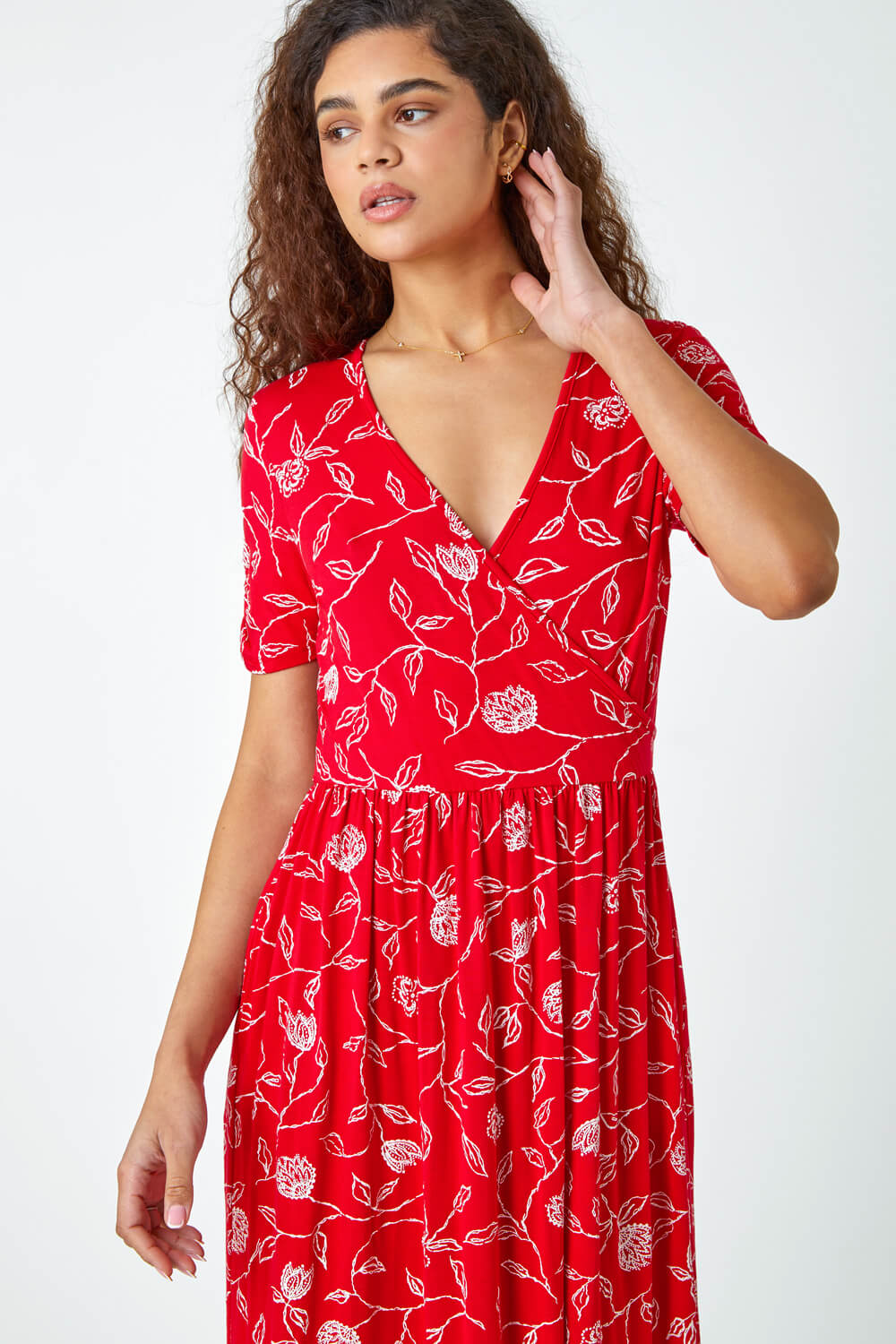 Red Floral Print Midi Wrap Stretch Dress, Image 4 of 5