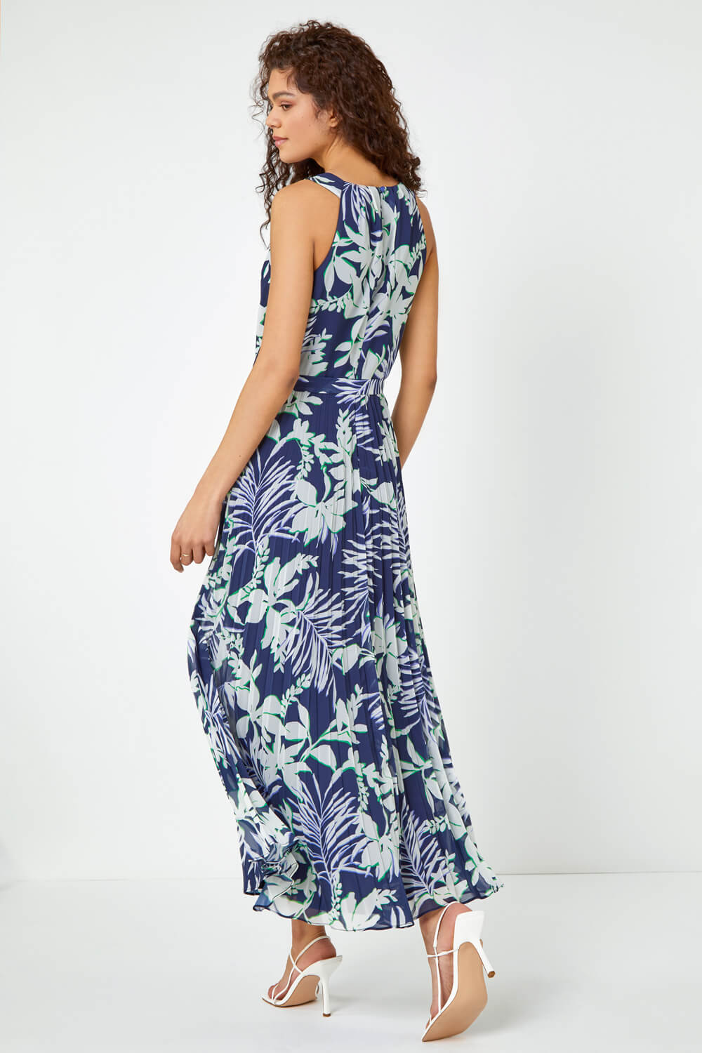 Navy  Sleeveless Palm Print Pleated Maxi Dress, Image 3 of 5