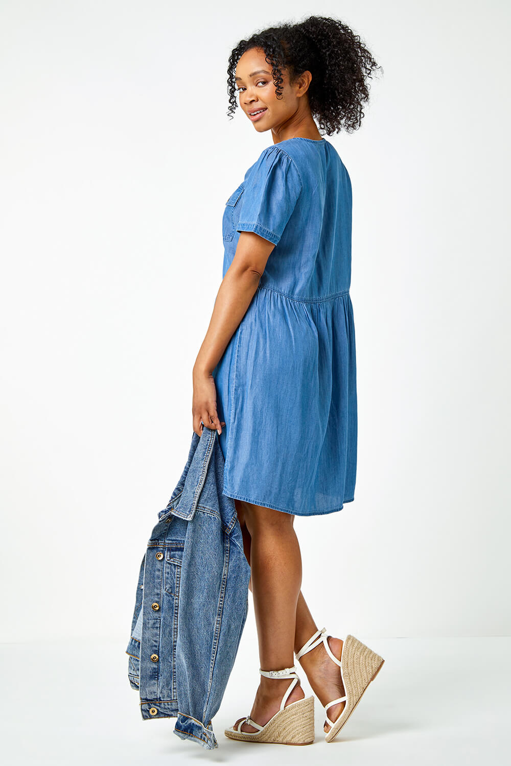 Blue Petite Pocket Detail Denim Dress, Image 3 of 5