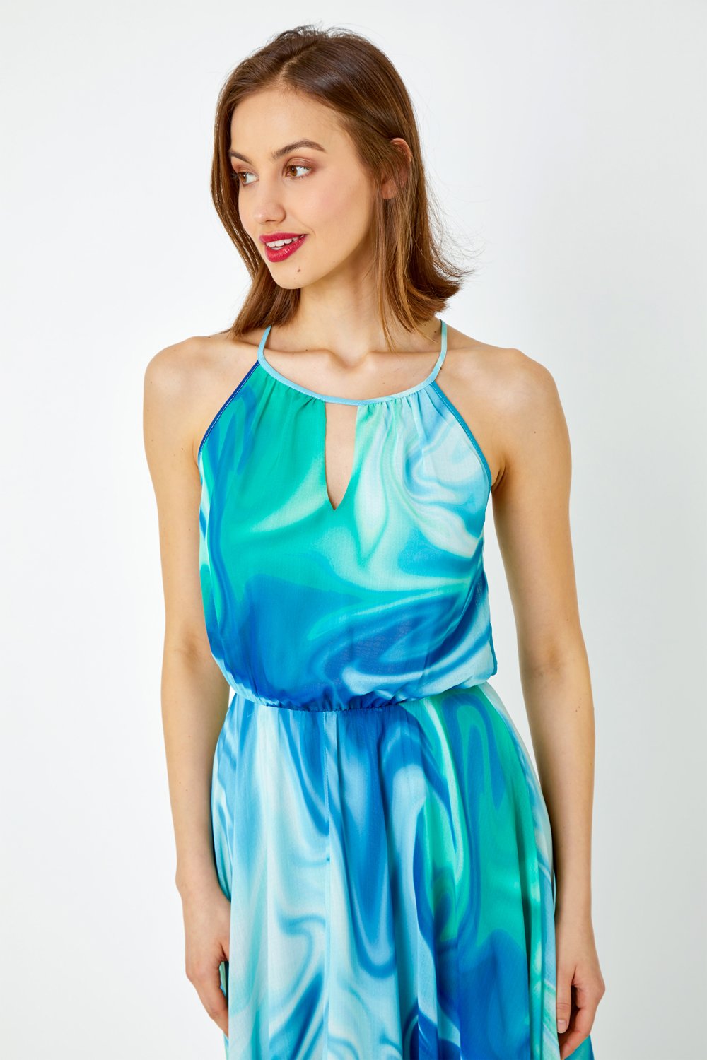 Blue Tie Dye Halter Neck Midi Dress, Image 4 of 5