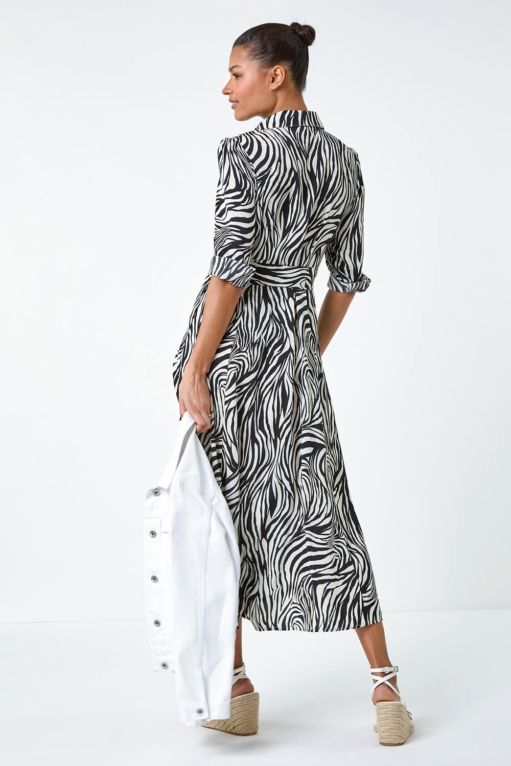 Black Zebra Print Midi Shirt Dress , Image 3 of 5