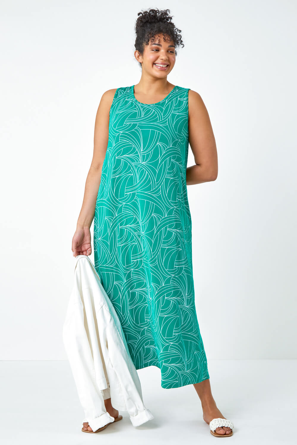 Green Curve Swirl Print Swing Maxi Stretch Dress, Image 2 of 5