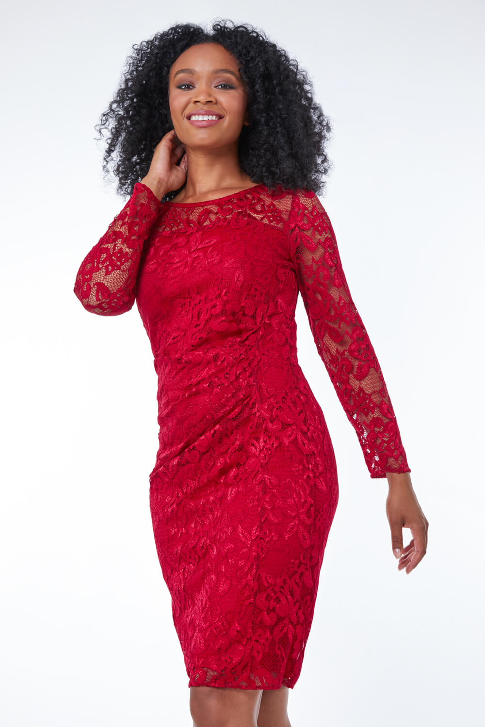  Petite Side Ruched Lace Dress