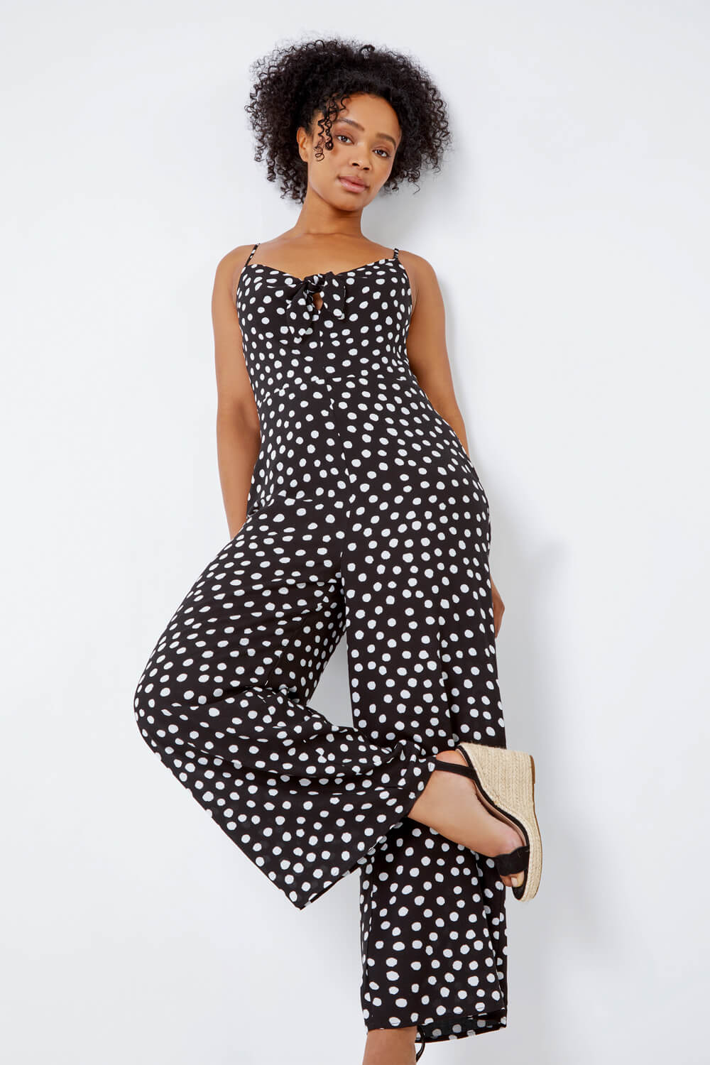 Black Petite Full Length Polka Dot Jumpsuit, Image 2 of 6
