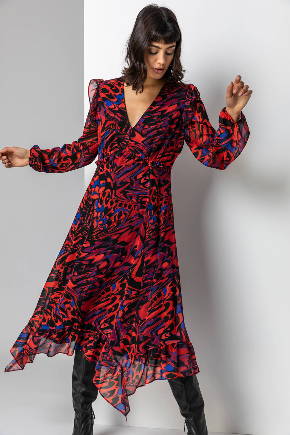 Red Abstract Butterfly Chiffon Midi Dress, Image 3 of 4
