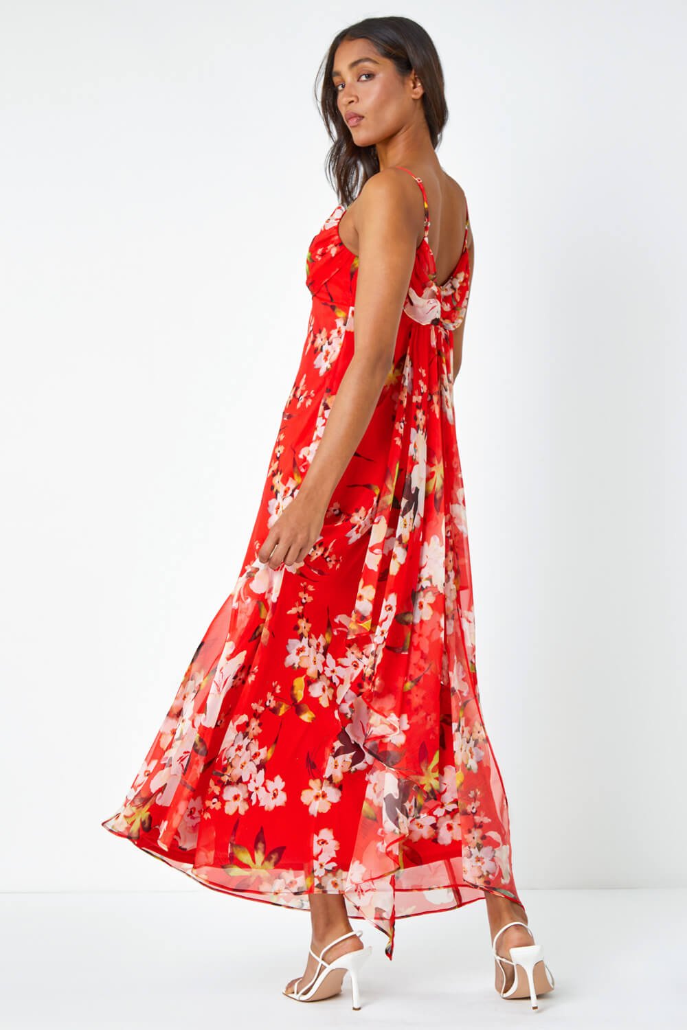Red Floral Cowl Neck Chiffon Dress, Image 3 of 6