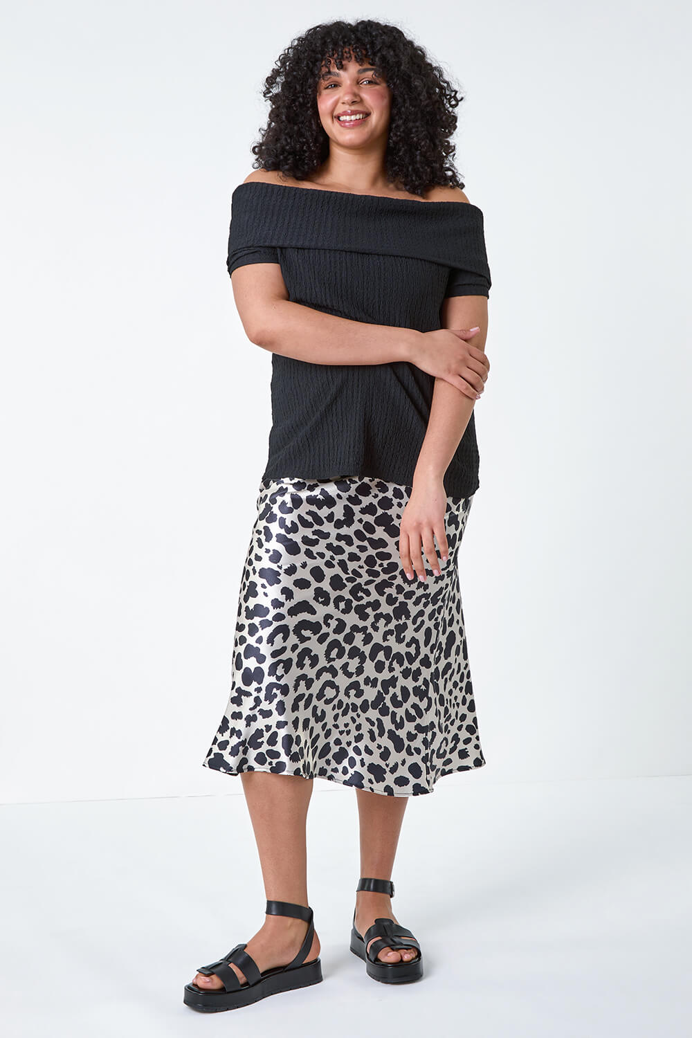 Black Curve Animal Print Satin Skirt, Image 2 of 5